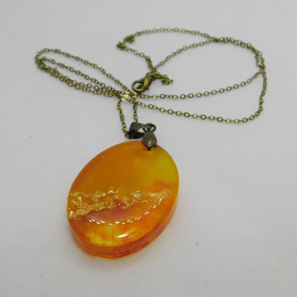 Handmade Orange Sunset Gold Leaf Oval Resin Cast Pendant Necklace - Picture 4 of 10